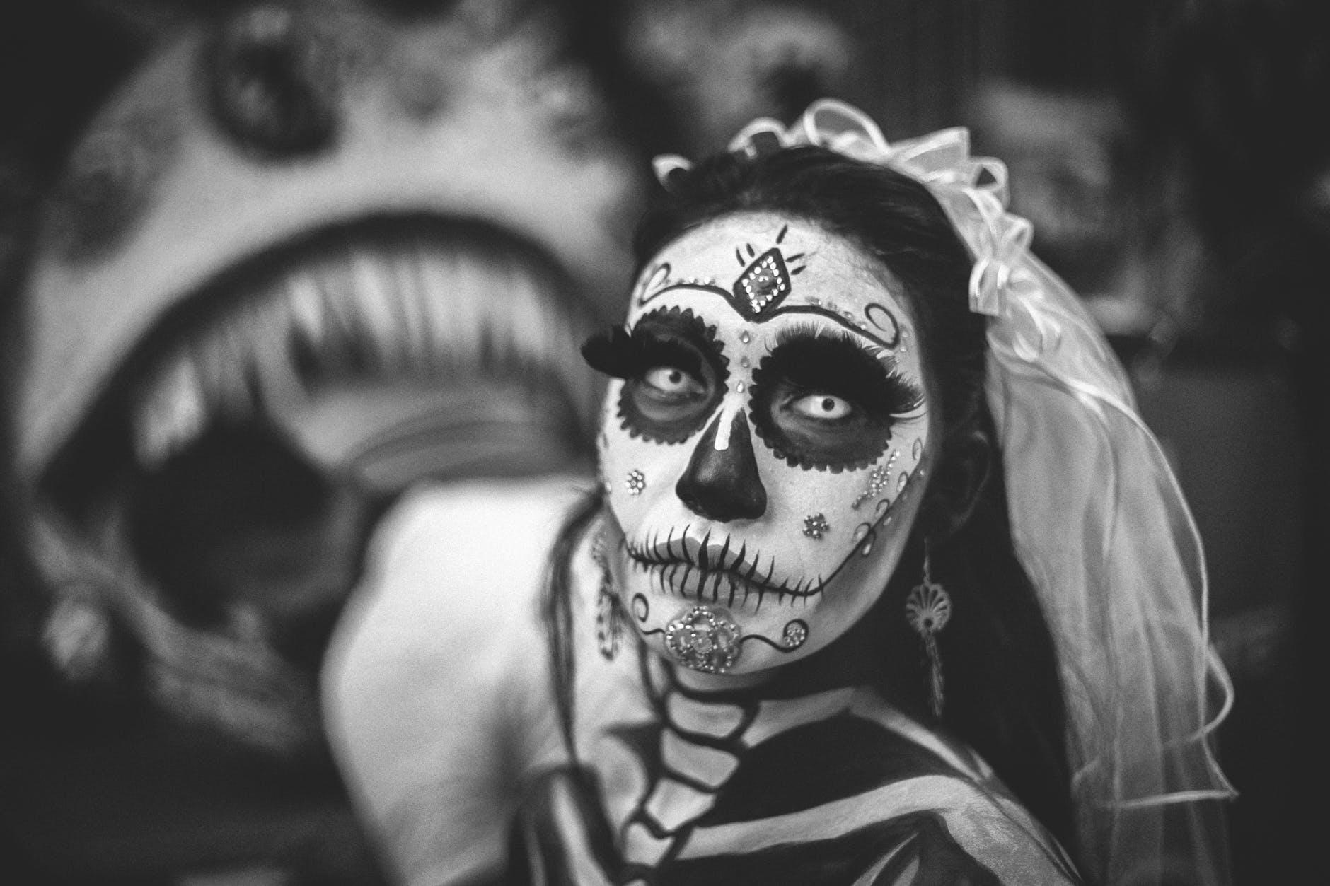 greyscale photo of day of the dead corpse bride